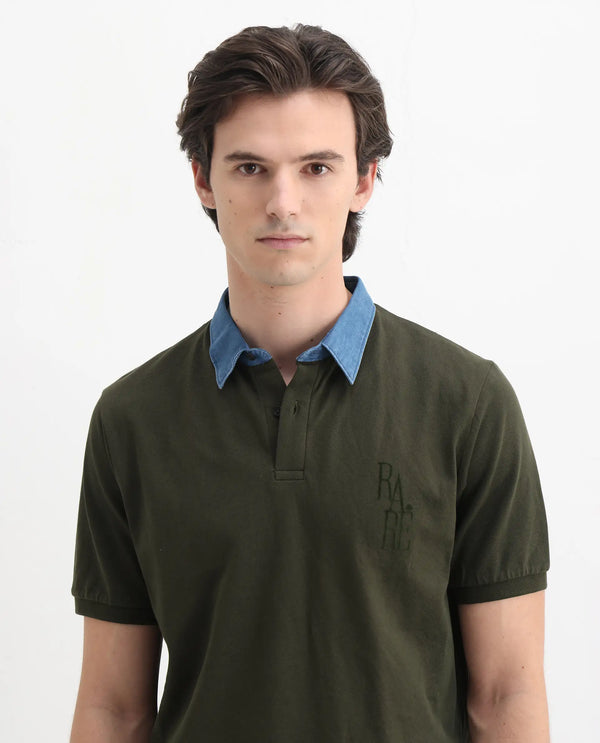Rare Rabbit Men Tem Dark Olive Short Sleeve Collared Neck Button Closure Plain Polo