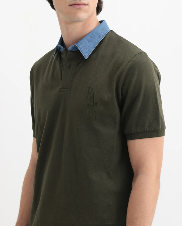 Rare Rabbit Men Tem Dark Olive Short Sleeve Collared Neck Button Closure Plain Polo