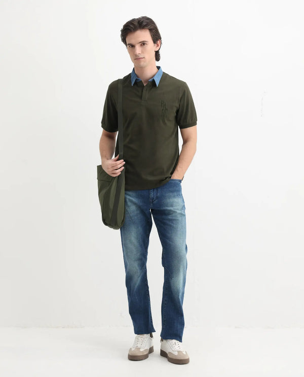Rare Rabbit Men Tem Dark Olive Short Sleeve Collared Neck Button Closure Plain Polo