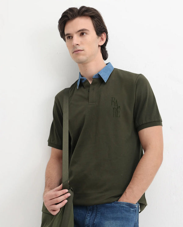 Rare Rabbit Men Tem Dark Olive Short Sleeve Collared Neck Button Closure Plain Polo