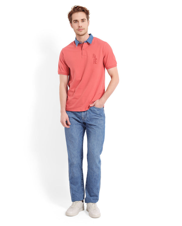 Rare Rabbit Men Tem Dark Orange Short Sleeve Collared Neck Button Closure Plain Polo
