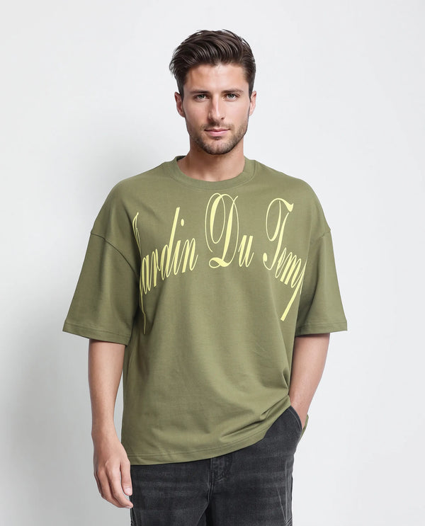 Rare Rabbit Men Tempe Light Olive Cotton Fabric Short Sleeve Oversized Fit Printed T-Shirt
