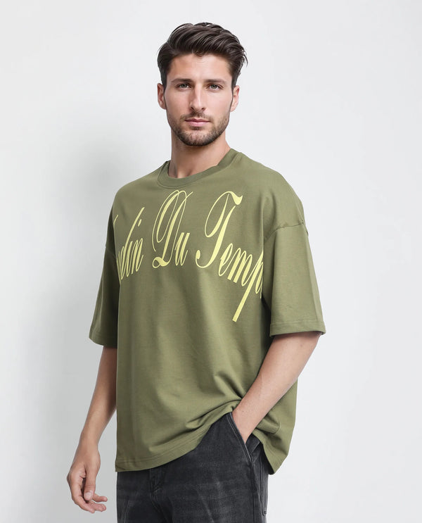 Rare Rabbit Men Tempe Light Olive Cotton Fabric Short Sleeve Oversized Fit Printed T-Shirt