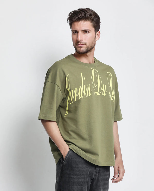 Rare Rabbit Men Tempe Light Olive Cotton Fabric Short Sleeve Oversized Fit Printed T-Shirt