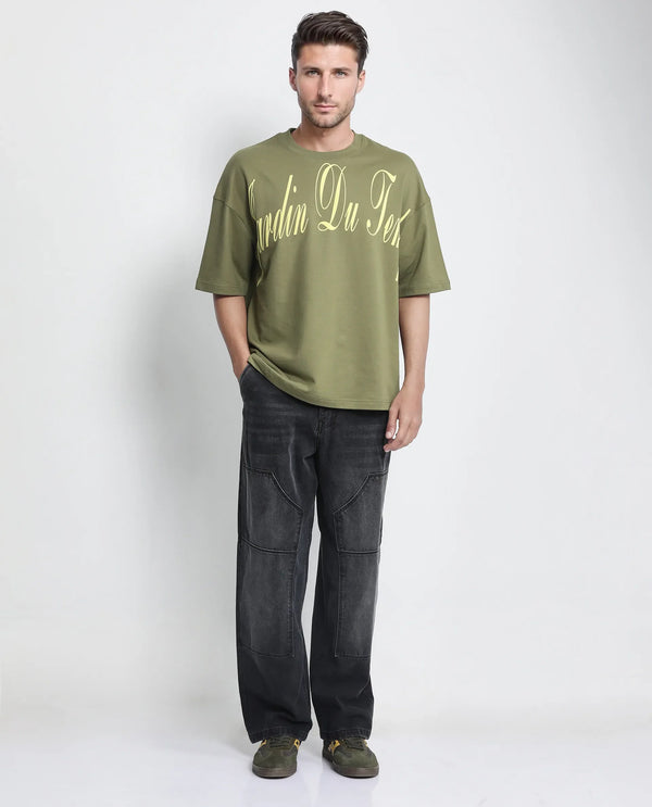 Rare Rabbit Men Tempe Light Olive Cotton Fabric Short Sleeve Oversized Fit Printed T-Shirt
