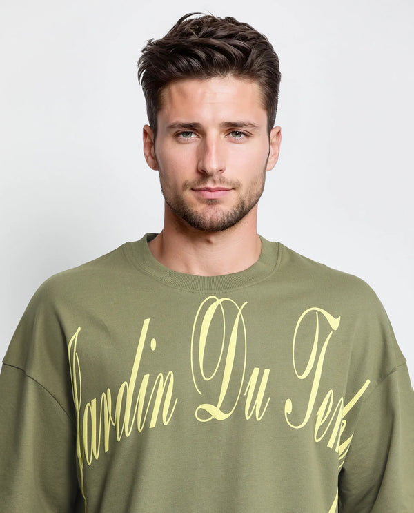 Rare Rabbit Men Tempe Light Olive Cotton Fabric Short Sleeve Oversized Fit Printed T-Shirt
