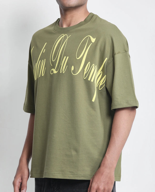 Rare Rabbit Men Tempe Light Olive Cotton Fabric Short Sleeve Oversized Fit Printed T-Shirt