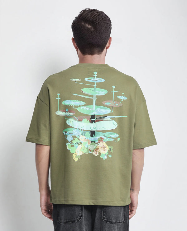 Rare Rabbit Men Tempe Light Olive Cotton Fabric Short Sleeve Oversized Fit Printed T-Shirt