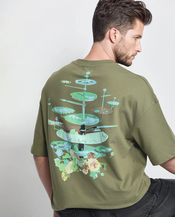 Rare Rabbit Men Tempe Light Olive Cotton Fabric Short Sleeve Oversized Fit Printed T-Shirt