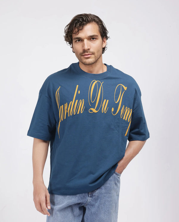 Rare Rabbit Men Tempe Petrol Cotton Fabric Short Sleeve Oversized Fit Printed T-Shirt