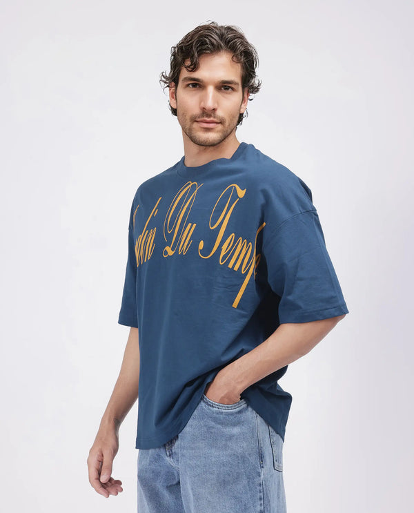 Rare Rabbit Men Tempe Petrol Cotton Fabric Short Sleeve Oversized Fit Printed T-Shirt