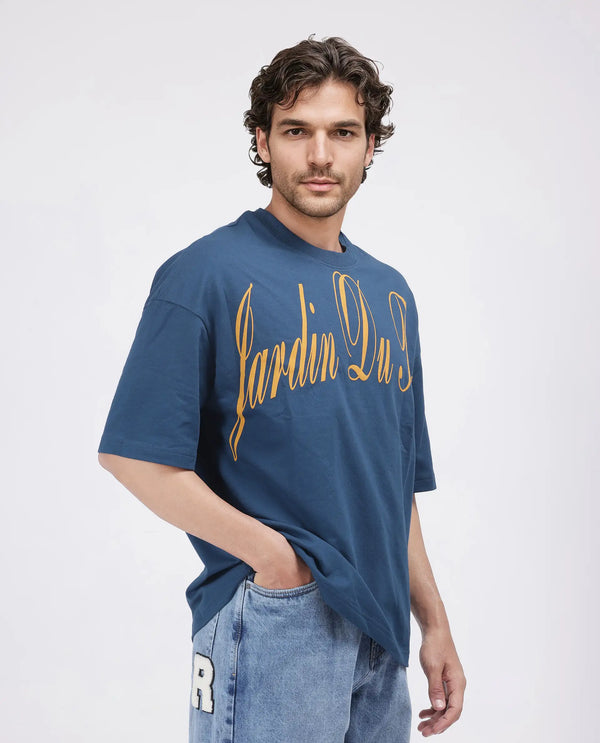 Rare Rabbit Men Tempe Petrol Cotton Fabric Short Sleeve Oversized Fit Printed T-Shirt