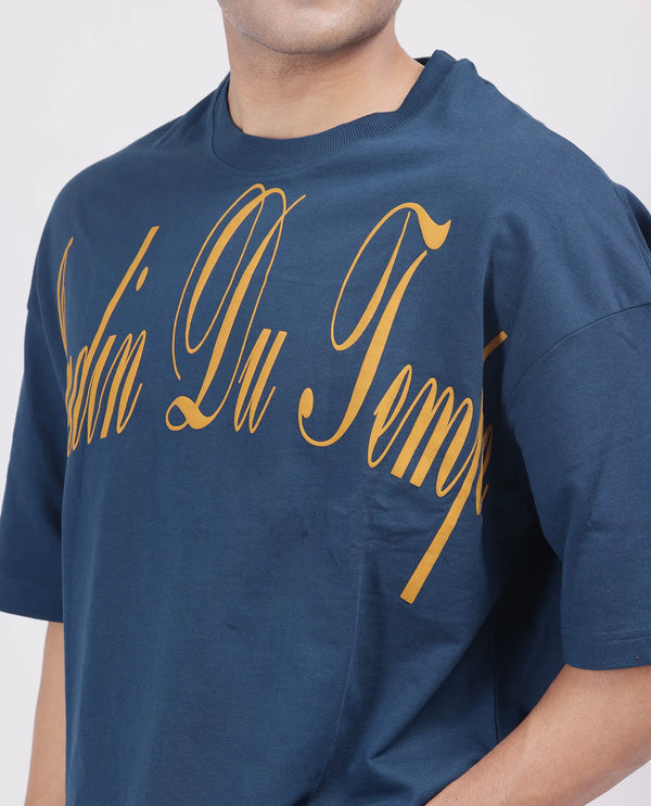 Rare Rabbit Men Tempe Petrol Cotton Fabric Short Sleeve Oversized Fit Printed T-Shirt