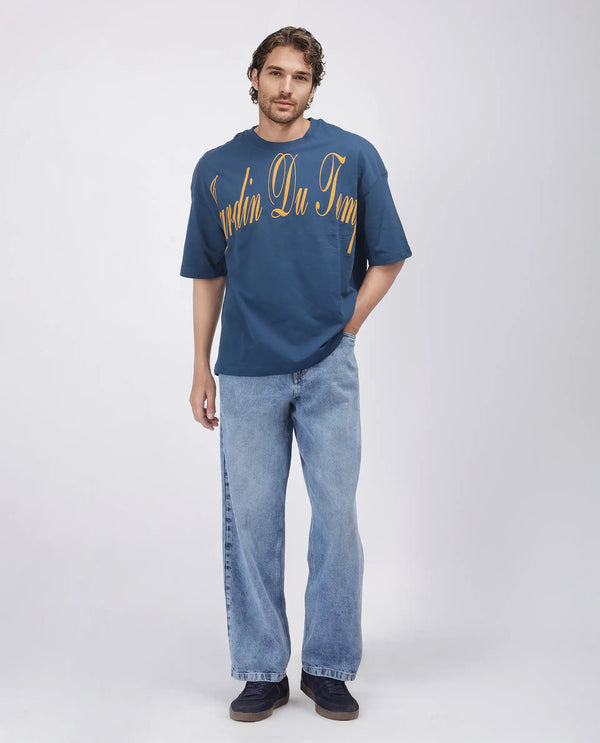 Rare Rabbit Men Tempe Petrol Cotton Fabric Short Sleeve Oversized Fit Printed T-Shirt