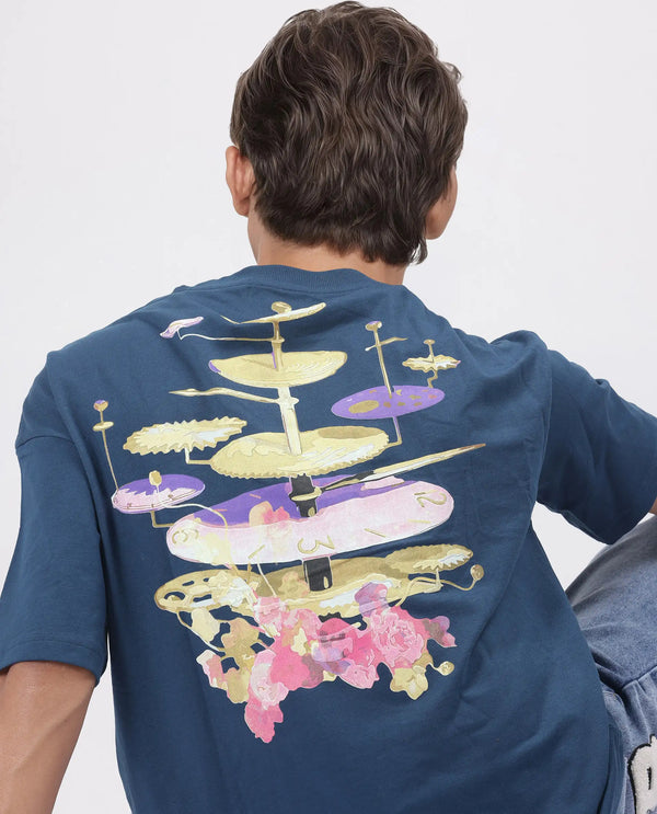 Rare Rabbit Men Tempe Petrol Cotton Fabric Short Sleeve Oversized Fit Printed T-Shirt