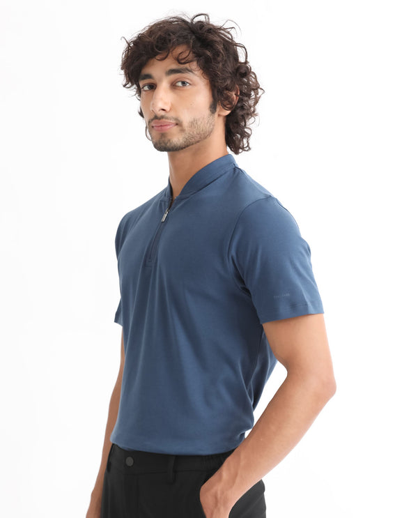 Rare Rabbit Men's Temper Dark Blue Cotton Fabric Baseball Stand Collared Neck Zipper Closure Half Sleeves Polo T-Shirt