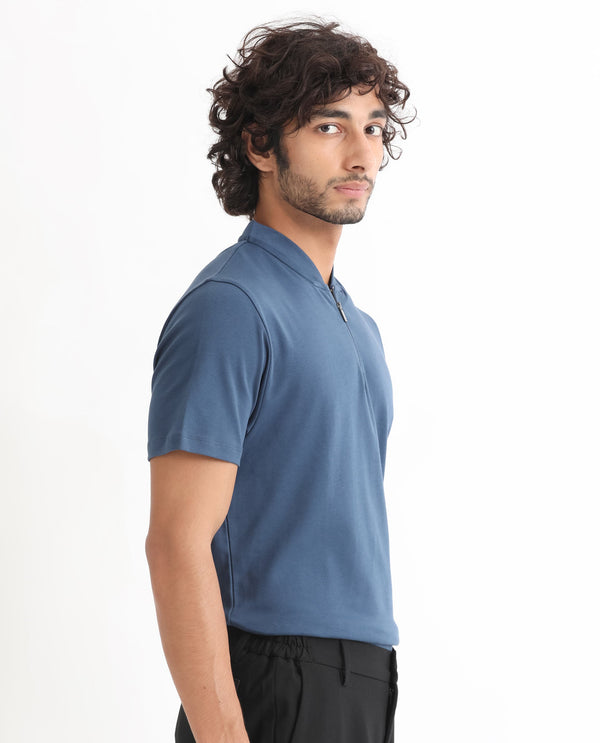 Rare Rabbit Men's Temper Dark Blue Cotton Fabric Baseball Stand Collared Neck Zipper Closure Half Sleeves Polo T-Shirt