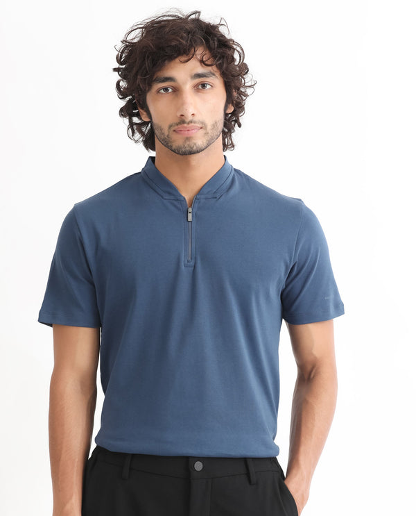 Rare Rabbit Men's Temper Dark Blue Cotton Fabric Baseball Stand Collared Neck Zipper Closure Half Sleeves Polo T-Shirt