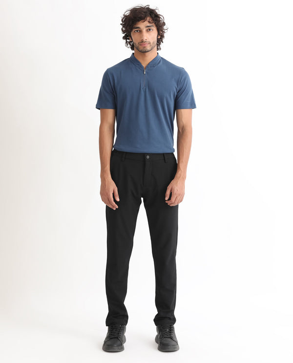 Rare Rabbit Men's Temper Dark Blue Cotton Fabric Baseball Stand Collared Neck Zipper Closure Half Sleeves Polo T-Shirt