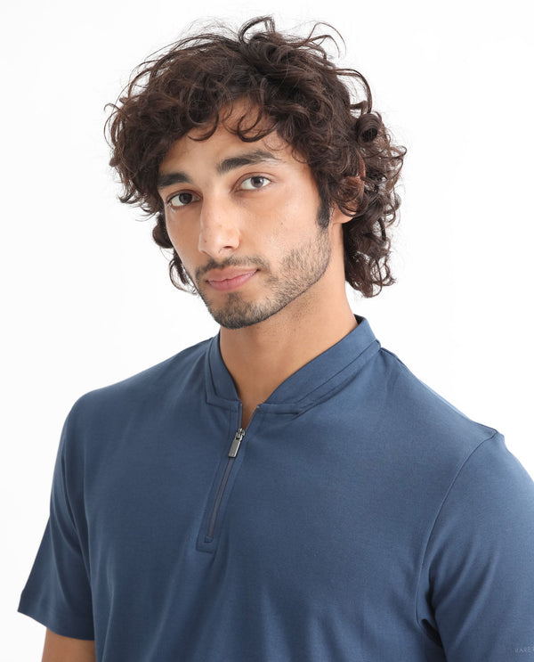 Rare Rabbit Men's Temper Dark Blue Cotton Fabric Baseball Stand Collared Neck Zipper Closure Half Sleeves Polo T-Shirt
