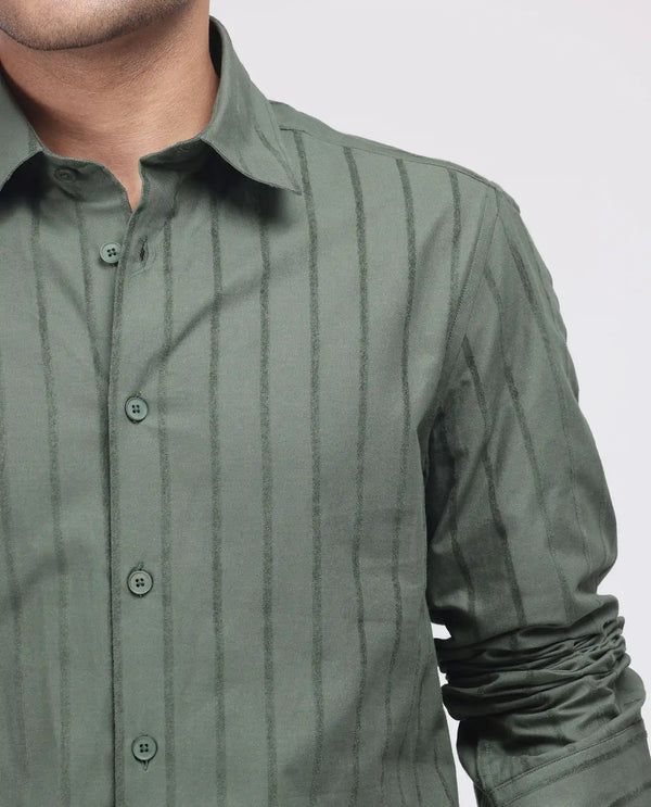 Rare Rabbit Men's Tener Dark Green Cotton Fabric Full Sleeve Spread Collar Striped Shirt