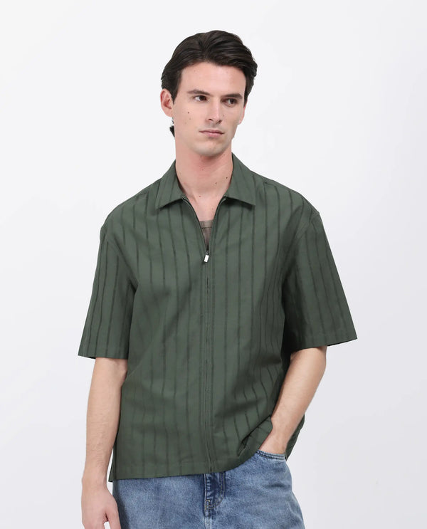 Rare Rabbit Men's Tenerz Dark Green Cotton Fabric Half Sleeve Spread Collar Boxy Fit Striped Shirt