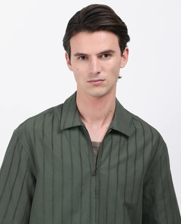 Rare Rabbit Men's Tenerz Dark Green Cotton Fabric Half Sleeve Spread Collar Boxy Fit Striped Shirt