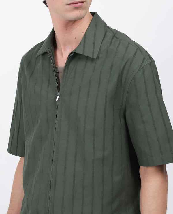 Rare Rabbit Men's Tenerz Dark Green Cotton Fabric Half Sleeve Spread Collar Boxy Fit Striped Shirt
