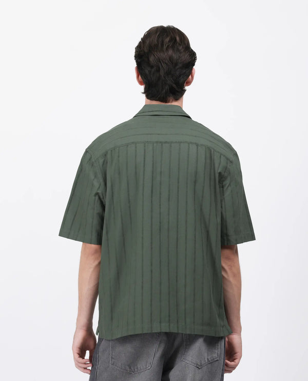 Rare Rabbit Men's Tenerz Dark Green Cotton Fabric Half Sleeve Spread Collar Boxy Fit Striped Shirt