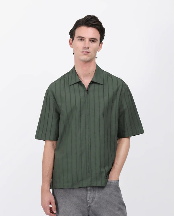Rare Rabbit Men's Tenerz Dark Green Cotton Fabric Half Sleeve Spread Collar Boxy Fit Striped Shirt