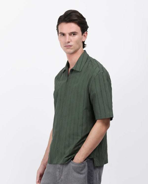 Rare Rabbit Men's Tenerz Dark Green Cotton Fabric Half Sleeve Spread Collar Boxy Fit Striped Shirt