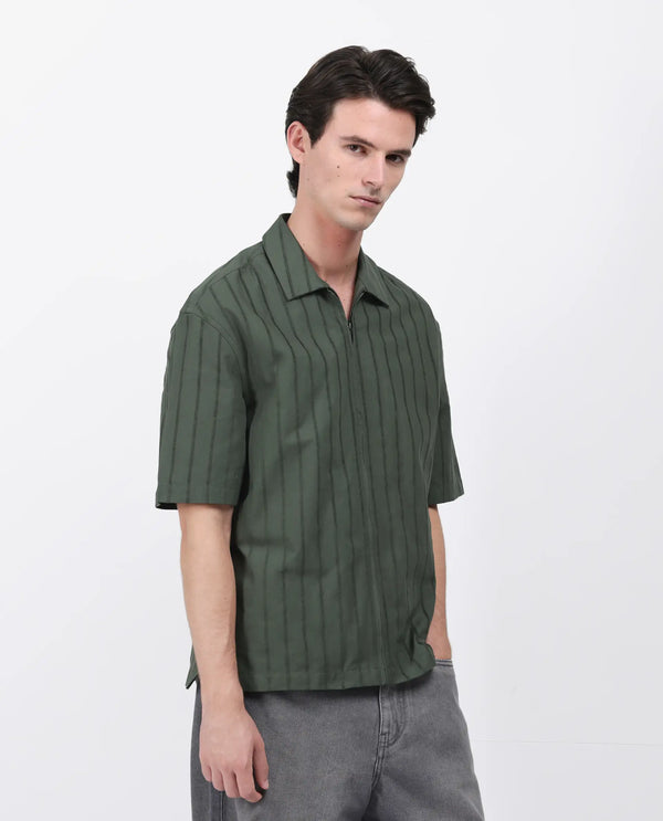 Rare Rabbit Men's Tenerz Dark Green Cotton Fabric Half Sleeve Spread Collar Boxy Fit Striped Shirt