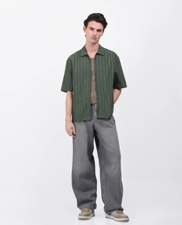Rare Rabbit Men's Tenerz Dark Green Cotton Fabric Half Sleeve Spread Collar Boxy Fit Striped Shirt