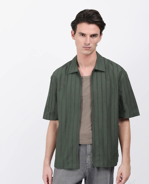 Rare Rabbit Men's Tenerz Dark Green Cotton Fabric Half Sleeve Spread Collar Boxy Fit Striped Shirt