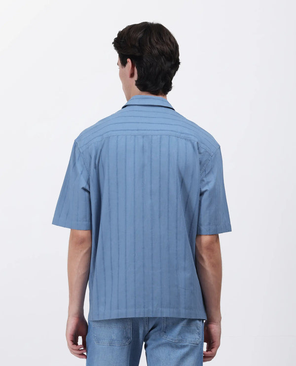 Rare Rabbit Men's Tenerz Dusky Blue Cotton Fabric Half Sleeve Spread Collar Boxy Fit Striped Shirt