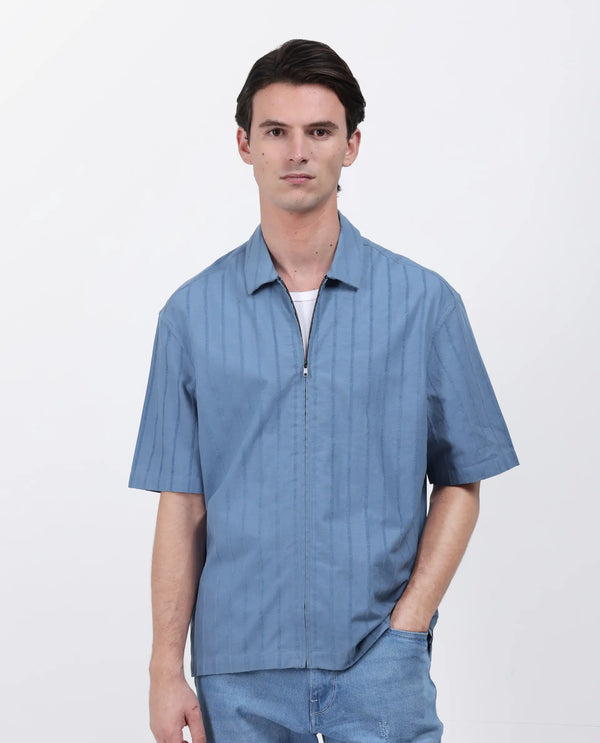 Rare Rabbit Men's Tenerz Dusky Blue Cotton Fabric Half Sleeve Spread Collar Boxy Fit Striped Shirt