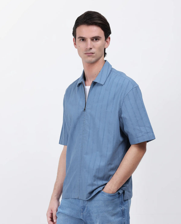 Rare Rabbit Men's Tenerz Dusky Blue Cotton Fabric Half Sleeve Spread Collar Boxy Fit Striped Shirt