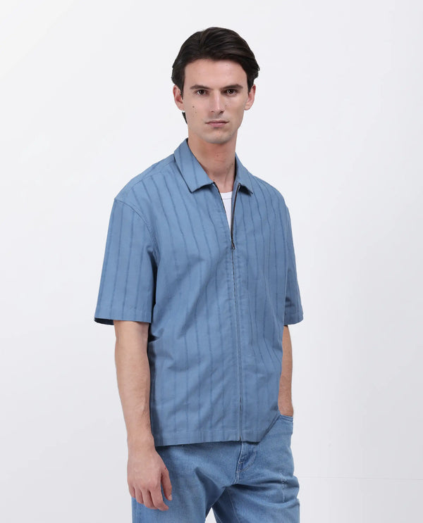 Rare Rabbit Men's Tenerz Dusky Blue Cotton Fabric Half Sleeve Spread Collar Boxy Fit Striped Shirt
