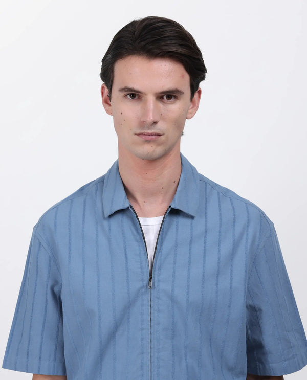 Rare Rabbit Men's Tenerz Dusky Blue Cotton Fabric Half Sleeve Spread Collar Boxy Fit Striped Shirt