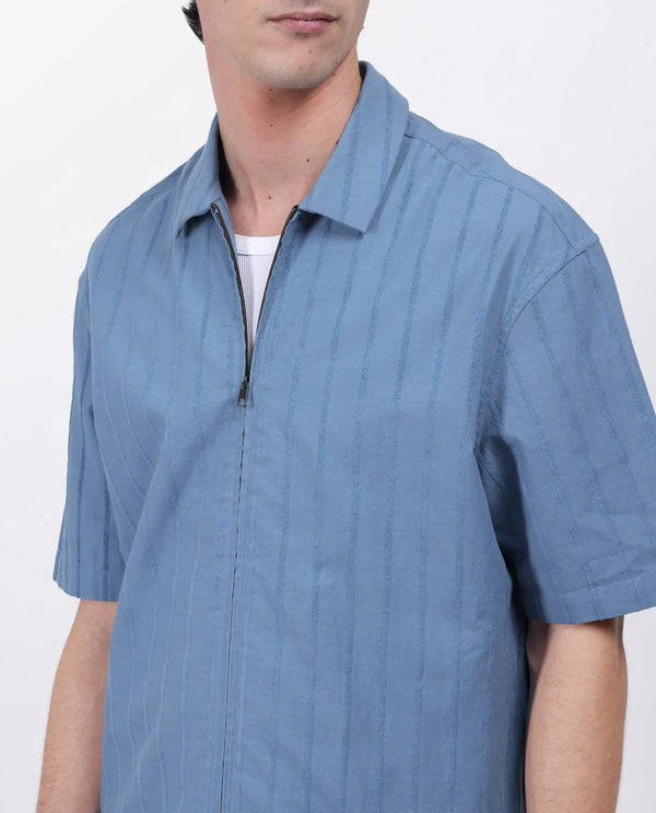 Rare Rabbit Men's Tenerz Dusky Blue Cotton Fabric Half Sleeve Spread Collar Boxy Fit Striped Shirt
