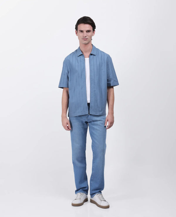 Rare Rabbit Men's Tenerz Dusky Blue Cotton Fabric Half Sleeve Spread Collar Boxy Fit Striped Shirt
