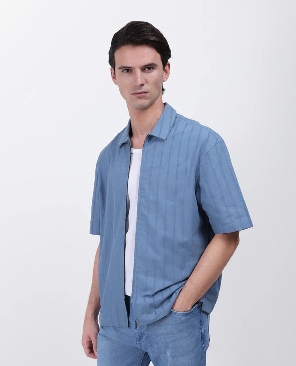 Rare Rabbit Men's Tenerz Dusky Blue Cotton Fabric Half Sleeve Spread Collar Boxy Fit Striped Shirt