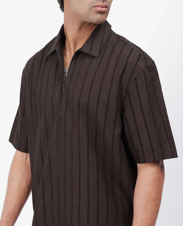 Rare Rabbit Men's Tenerz Dark Brown Cotton Fabric Half Sleeve Spread Collar Boxy Fit Striped Shirt