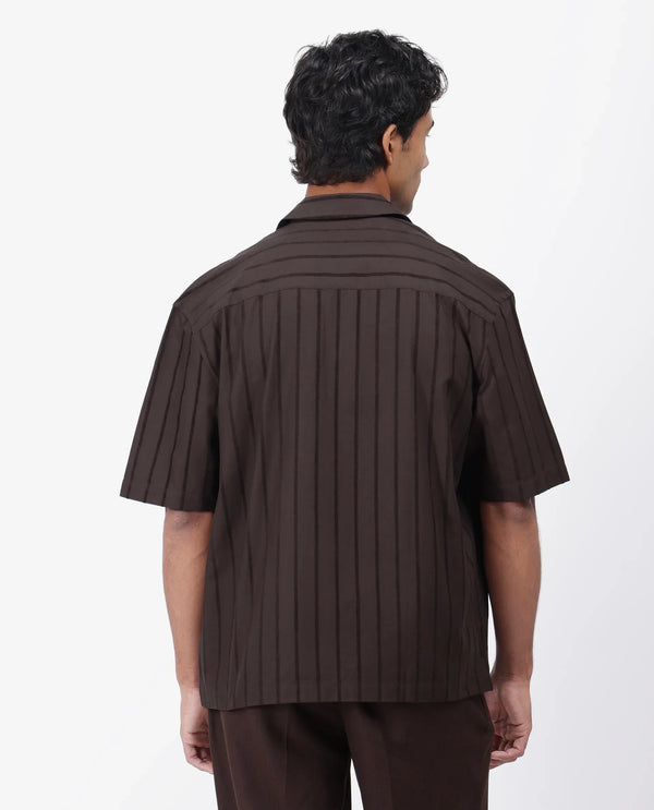 Rare Rabbit Men's Tenerz Dark Brown Cotton Fabric Half Sleeve Spread Collar Boxy Fit Striped Shirt