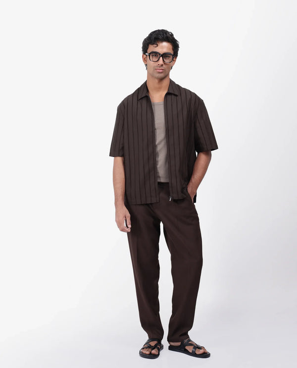 Rare Rabbit Men's Tenerz Dark Brown Cotton Fabric Half Sleeve Spread Collar Boxy Fit Striped Shirt