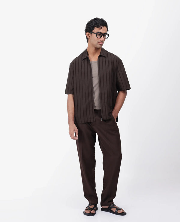 Rare Rabbit Men's Tenerz Dark Brown Cotton Fabric Half Sleeve Spread Collar Boxy Fit Striped Shirt