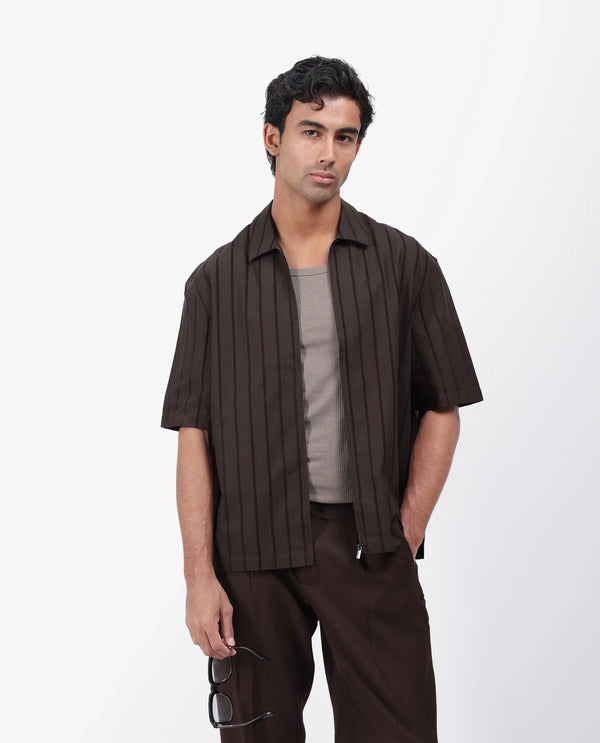 Rare Rabbit Men's Tenerz Dark Brown Cotton Fabric Half Sleeve Spread Collar Boxy Fit Striped Shirt