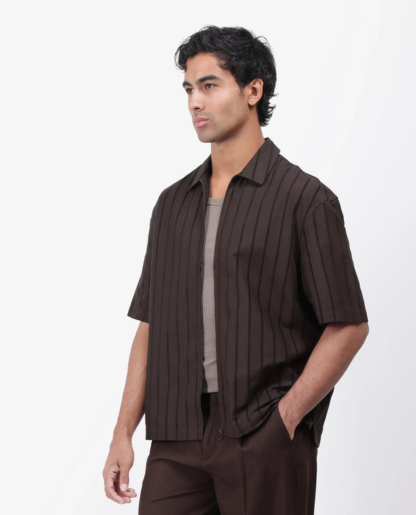 Rare Rabbit Men's Tenerz Dark Brown Cotton Fabric Half Sleeve Spread Collar Boxy Fit Striped Shirt