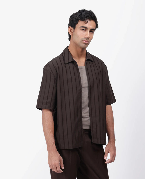 Rare Rabbit Men's Tenerz Dark Brown Cotton Fabric Half Sleeve Spread Collar Boxy Fit Striped Shirt