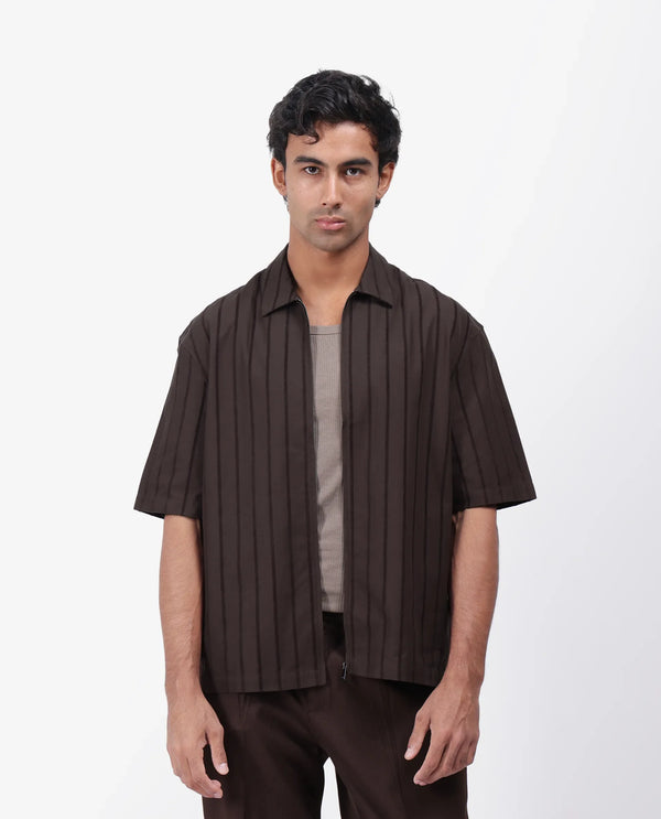 Rare Rabbit Men's Tenerz Dark Brown Cotton Fabric Half Sleeve Spread Collar Boxy Fit Striped Shirt